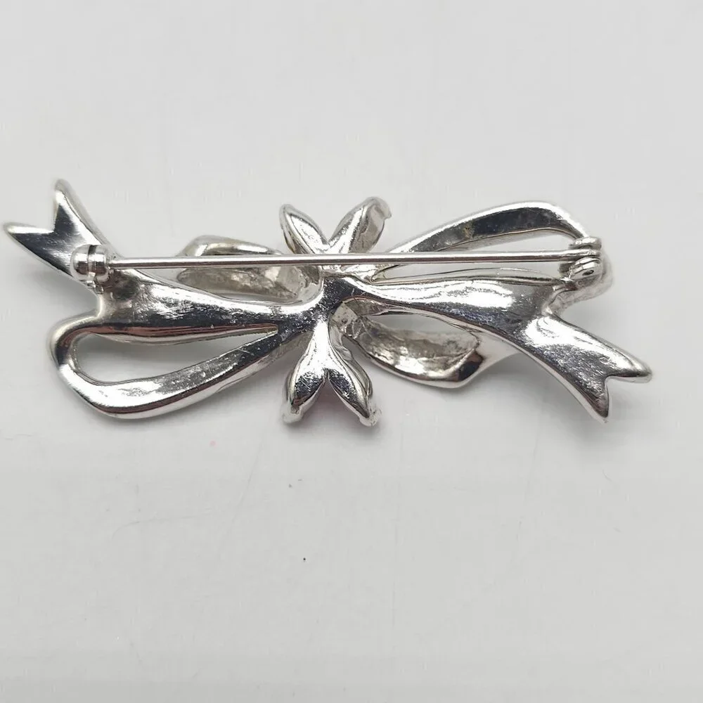 Vintage Silver Rhinestone Bow Brooch Pin With Pink and Clear Crystals